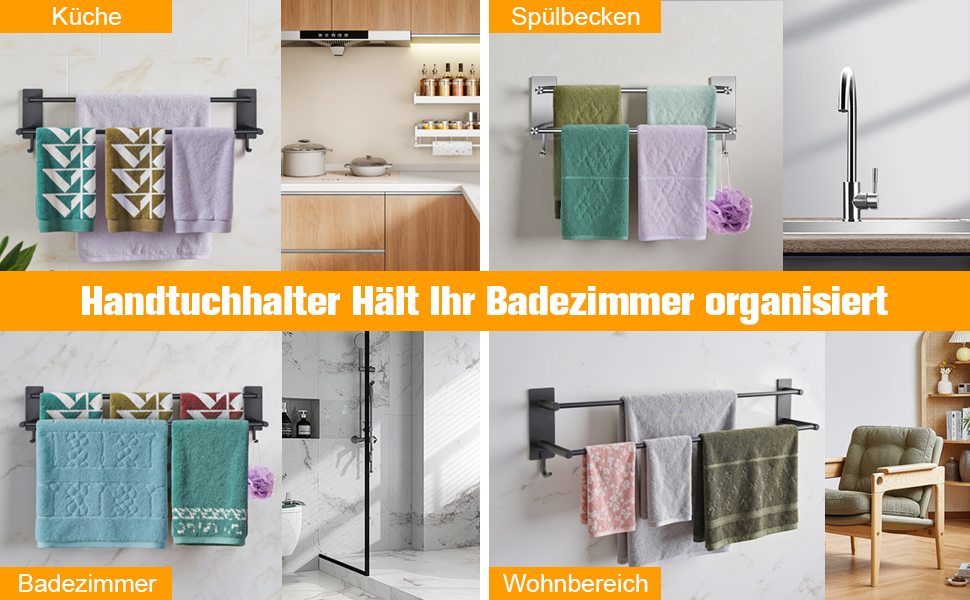 Тримач для рушників без свердління, 60 см, самоклеючий, з гачками, нержавіюча сталь, вологостійкий, для ванної кімнати та кухні (Чорний, 40 см)