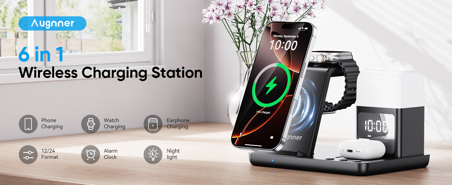 Бездротова зарядка для iPhone 17/16/15/14/13/12, 6-в-1 з нічною лампою та будильником, сумісна з Apple Watch та AirPods (Білий/Чорний)
