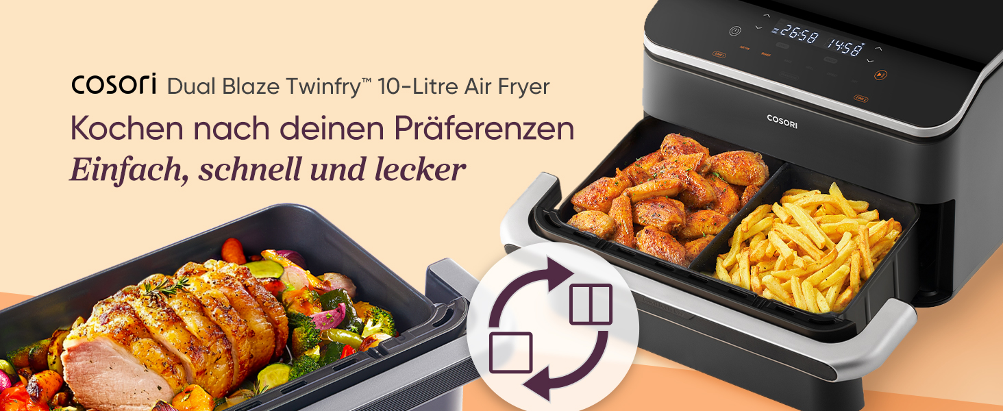 Фритюрниця без олії COSORI TwinFry 10L з 2 камерами, 4 нагрівальними елементами, чорна