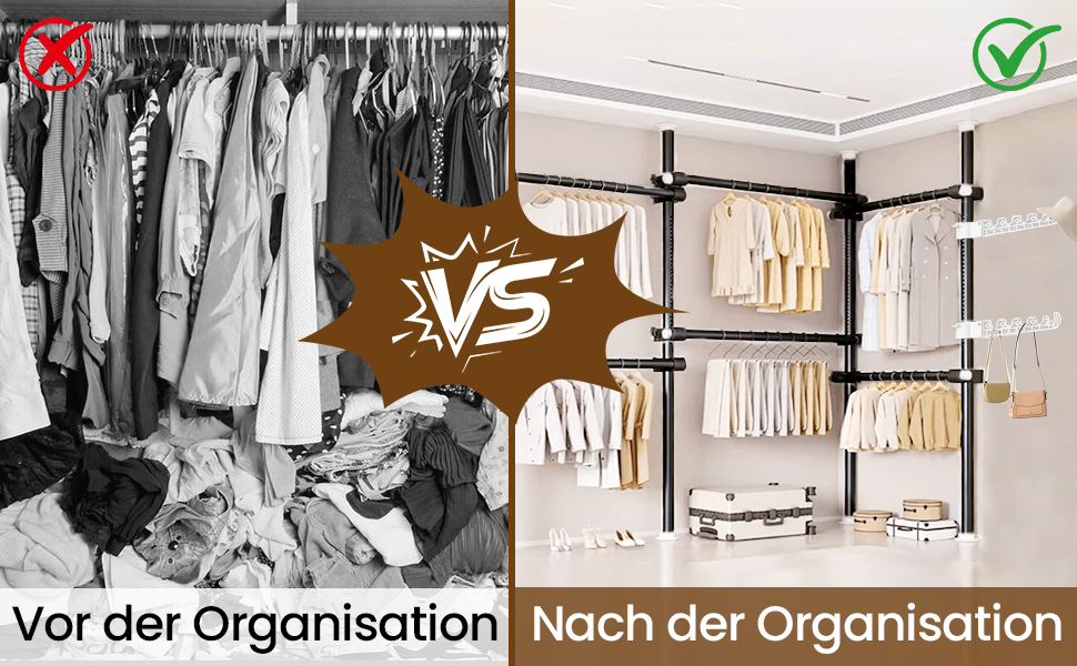 Телескопічна система для гардеробу, штанга для одягу з 6 штангами, телескопічний шафа для одягу з 2 гачками, регульована полиця 110-300 см, для дому та магазину одягу, білий (чорний)