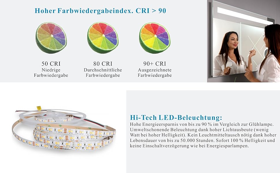 Дзеркало для ванної кімнати AQUABATOS з підсвічуванням 100x70 см LED, антизапарник, сенсорне управління, 3 кольори світла, регулювання яскравості, для настінної установки