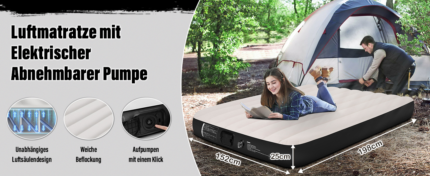 Надувне ліжко для двох осіб з автоматичним надуванням, 198x152x25 см, чорний колір. З вбудованим насосом, самонадувна повітряна матрац-ліжко