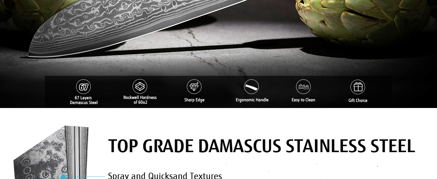 Японський ніж Hecef Damast з високоякісною ручкою з харчової смоли, 20 см. Професійний ніж для кухні з 67 шарів дамаської сталі, гострий, з захистом для леза. Ідеальний подарунок шеф-кухарю та поціновувачу кулінарії.