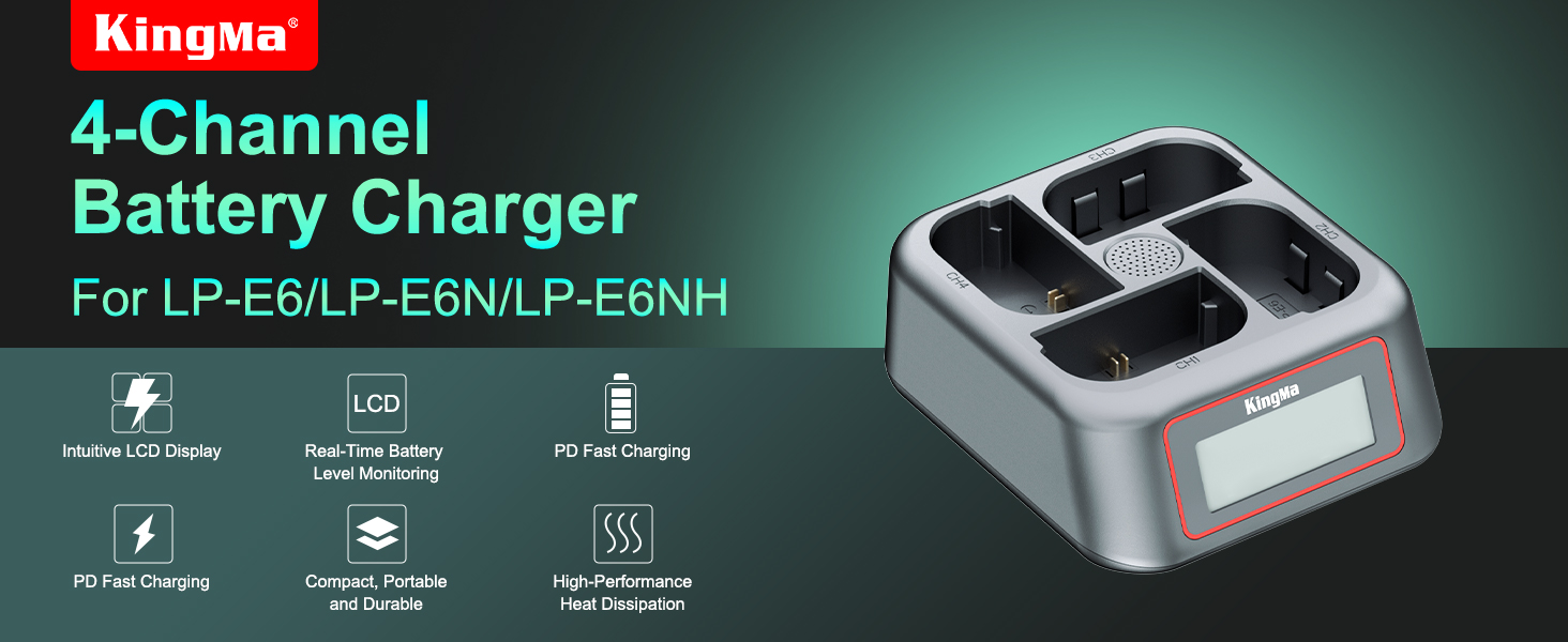 Зарядний пристрій King Ma для акумуляторів камер, 4-канальний, 45W PD, LED-дисплей, сумісний з Sony A7III/A7IV/A7RIII/A7RV/A7C/A7CII/A6700/A9/A9III/A1/ZV-E1/FX3/FX30