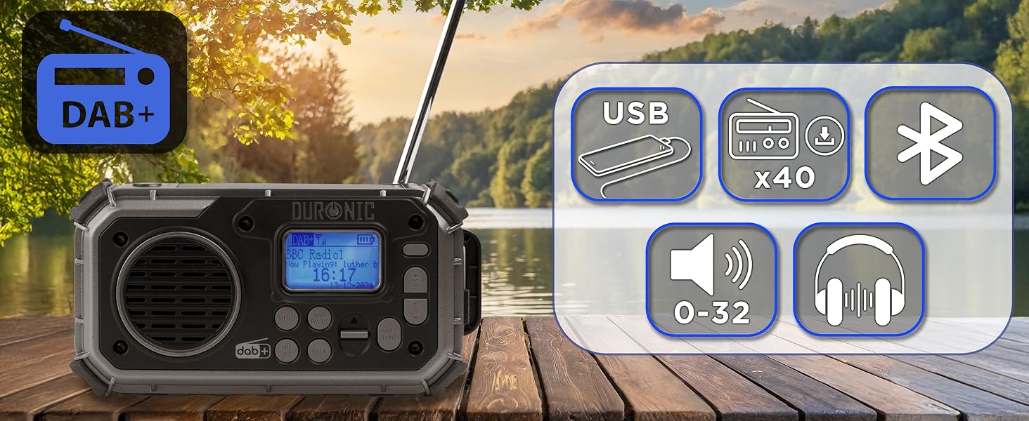 Портативне радіо Duronic SDAB1 на сонячній енергії з ручкою, DAB FM, LED-ліхтар, Powerbank 2000mAh, Bluetooth Speaker