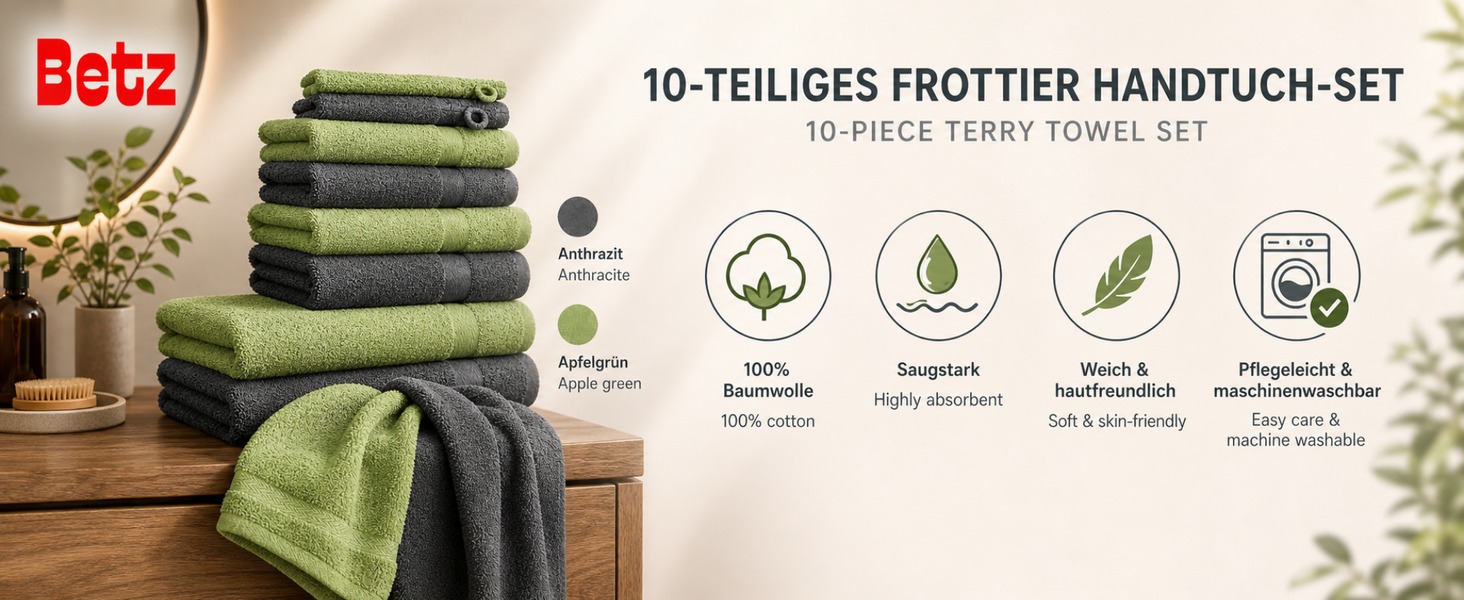 Набір рушників Betz Premium 10 предметів, 100% бавовна, махровий, антрацит та яблучно-зелений (2 банні, 4 ручні, 2 гістьові рушники, 2 рукавички)
