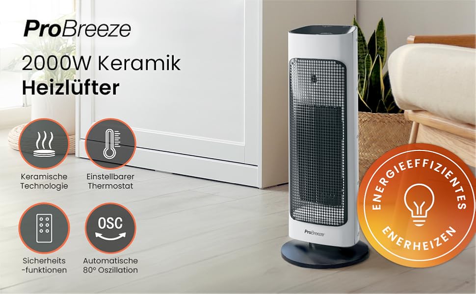Електричний обігрівач Pro Breeze з керамічним нагрівачем, дистанційним керуванням, 7 рівнями нагріву, захистом від перегріву та таймером 24 години, енергозберігаючий режим ECO та тиха робота, 80° коливання