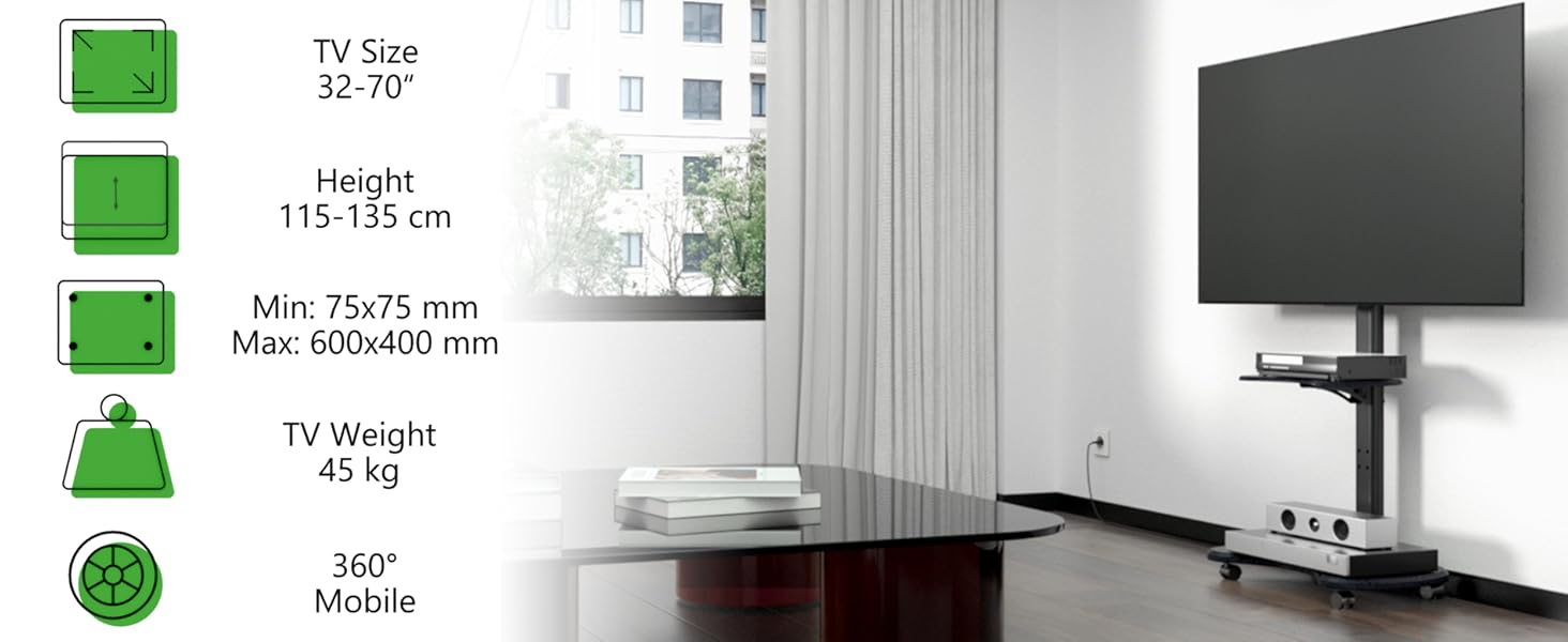 Підставка для телевізора Stellar на коліщатках з полицею, регульована по висоті та поворотна. Підходить для телевізорів 32-70 дюймів, до 45 кг, універсальна, VESA 600x400, білий (чорний)