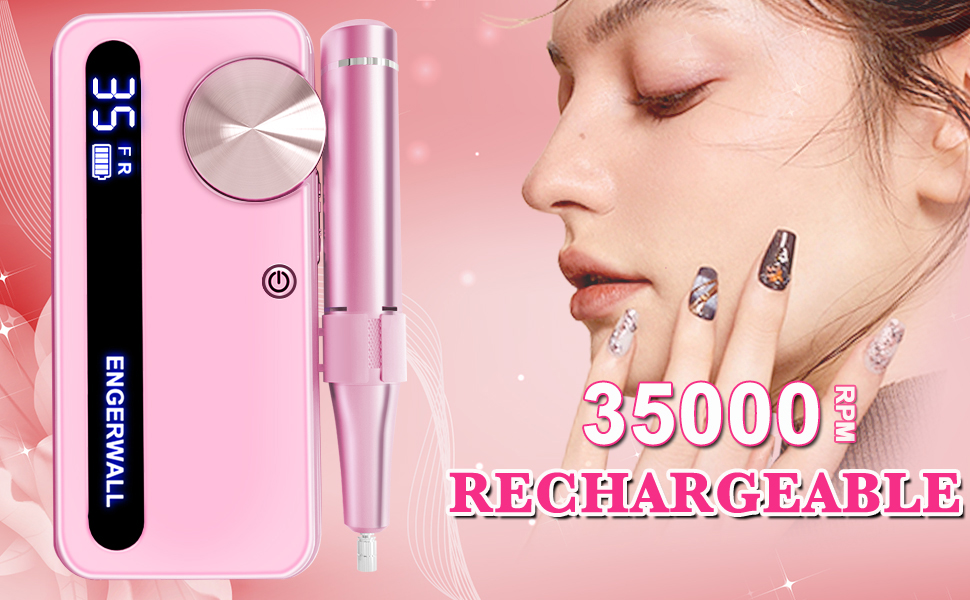 Професійний фрезер для нігтів ENGERWALL 35000 об/хв, електричний, для гелю та акрилу, бездротовий, манікюрний набір з 7 насадками та 56 шліфувальними стрічками, темно-срібний (портативний, акумуляторний, рожевий)