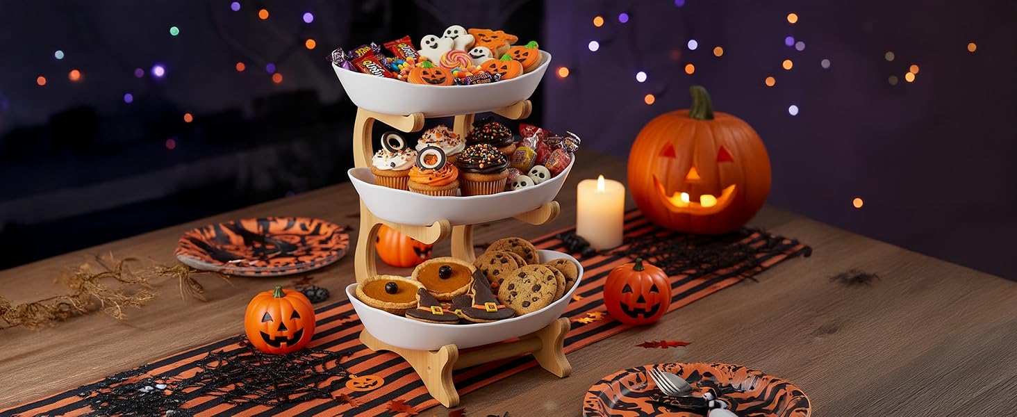 Трирівнева етажерка для фруктів та закусок з бамбуковим підставкою, преміум-пластик