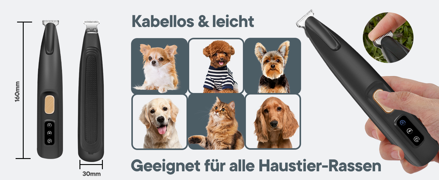 Триммер для собак та котів Pfotentrimmer з LED-підсвічуванням, 18 мм, тихий (35 дБ), вологостійкий, акумуляторний, для догляду за лапами, вухами, обличчям та хвостом (Чорний)