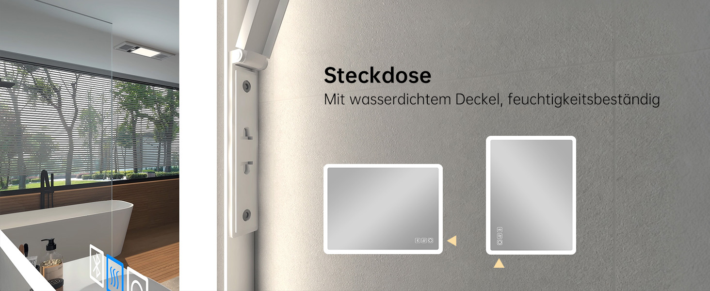 MIQU LED дзеркало для ванної кімнати з підсвічуванням 60x50 см, велике дзеркало для ванної кімнати з сенсорним регулюванням, тепле/біле світло, антизапар, настінне дзеркало для ванної кімнати, туалету, коридору, прямокутне з округлими кутами (3 кольори світла + Bluetooth + розетка, 60L x 80B см)