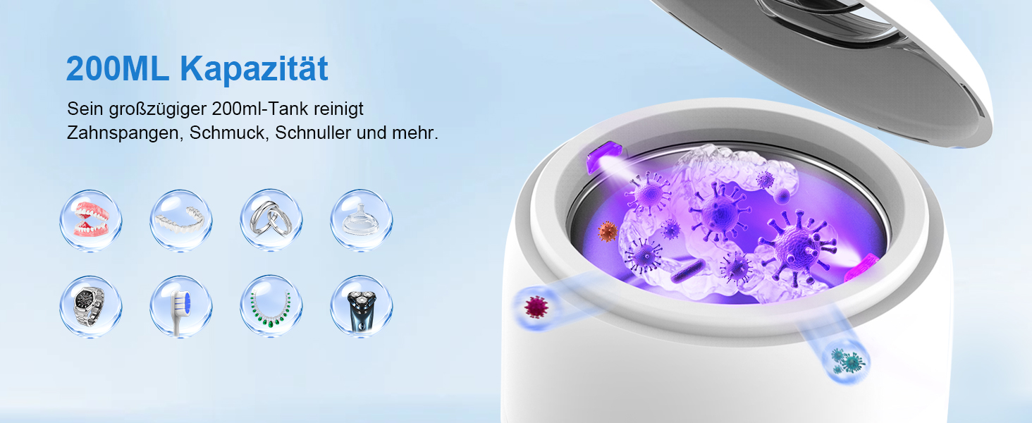 Ультразвуковий очищувач 45000 Гц з УФ-дезінфекцією 220 мл для зубних протезів, брекетів, ювелірних виробів - білий