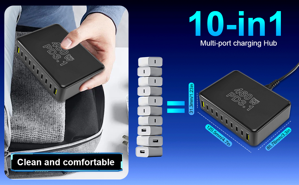 Зарядний пристрій USB-C 460W, 10 портів, PD 3.1 100W/45W/35W/20W для MacBook, iPad, iPhone, HP, Samsung Galaxy та ін. (Сірий)