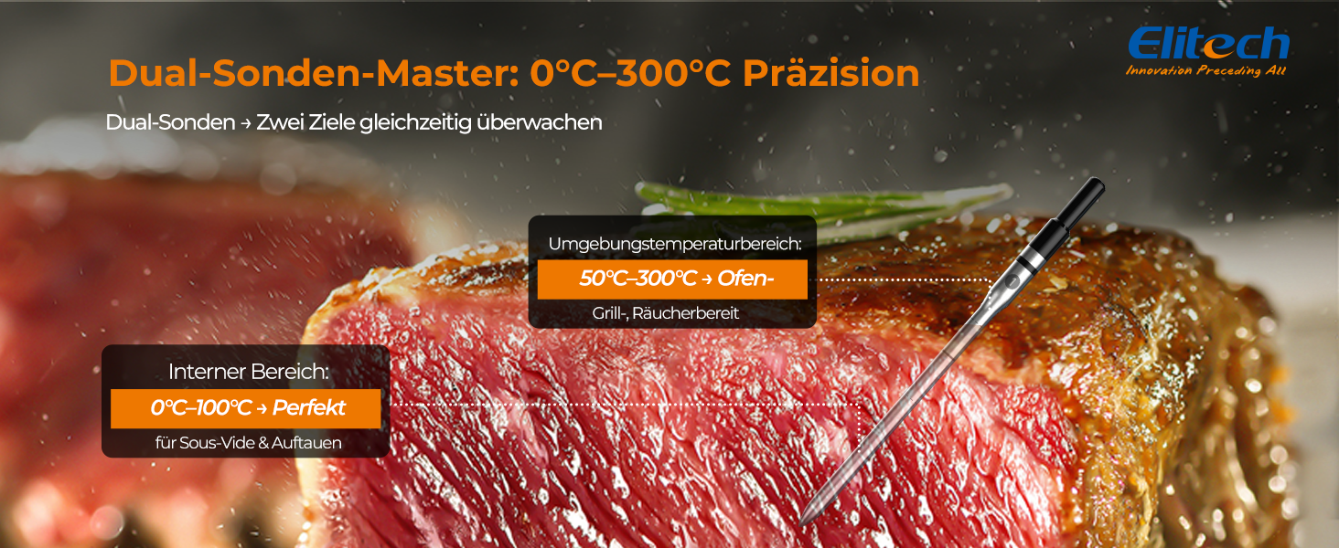 Bluetooth термометр для м'яса Elitech з двома зондами, IP67, 0-300°C, для гриля, духовки, ротисерії, фритюрниці, кухні