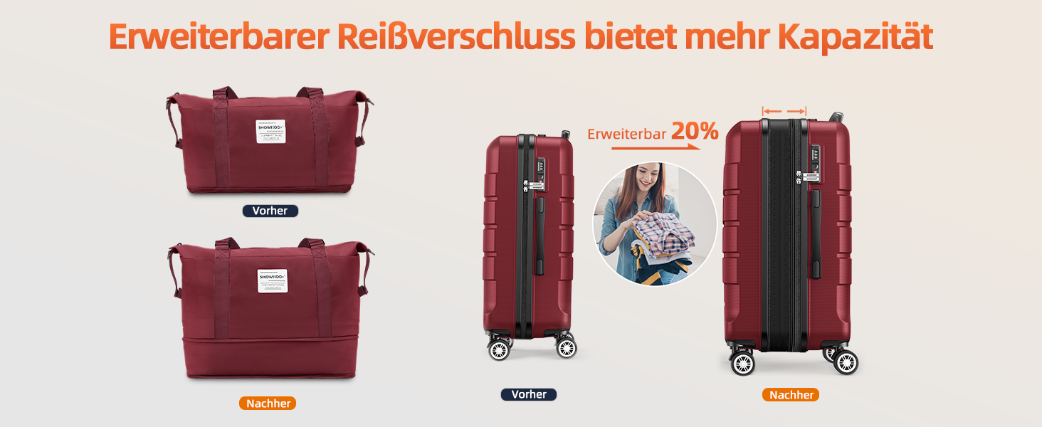 Чемодан SHOWKOO з жорстким корпусом, XL, червоний (Set): розширюваний, з TSA-замком, 4 колеса, з набором аксесуарів (сумка для подорожей, туалетна сумка)