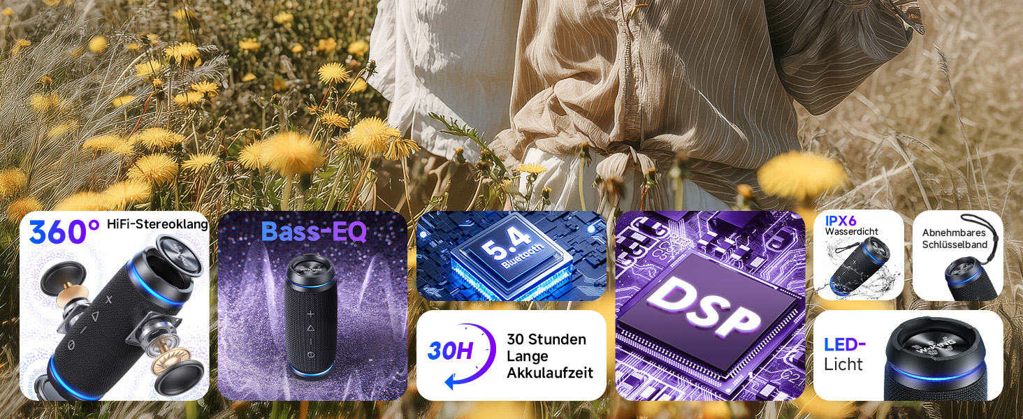 W-KING Bluetooth колонка 36W: Портативна бездротова колонка з 360° звуком, IPX6 водонепроникна, AUX, 30 год автономії, для дому, вулиці, вечірок, подорожей