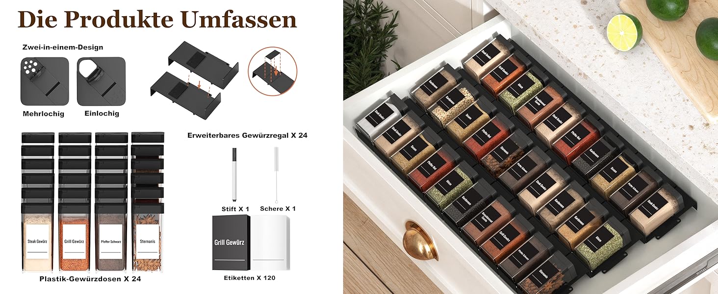 Організатор для спецій Famhap, 24 шт. - полиці для спецій у ящик, чорний | Організатор спецій для кухні