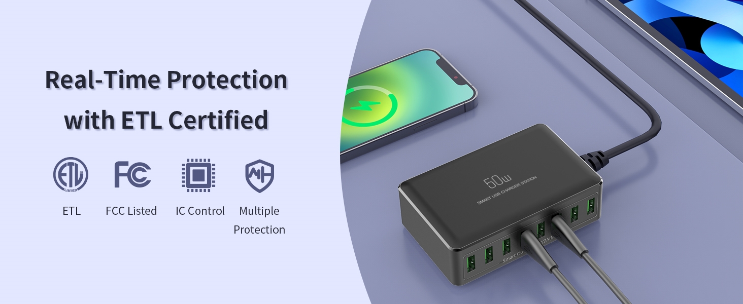 Зарядний пристрій USB 50W мережевий адаптер 8 портів для iPhone 15/14/13/12 Pro Max, iPad, Samsung, Google Pixel - Чорний