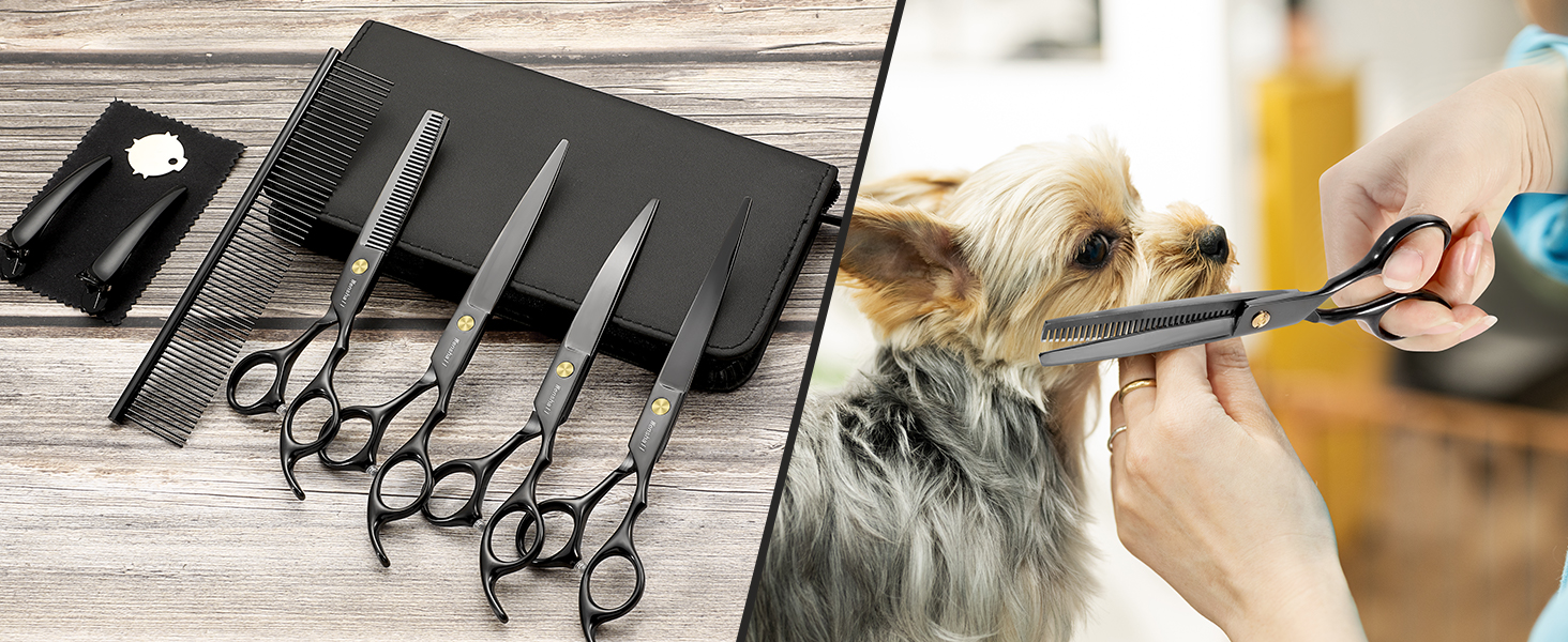 Набір професійних ножиць для грумінгу собак 5шт (прямі, вигнуті, для розрідження), чорний
