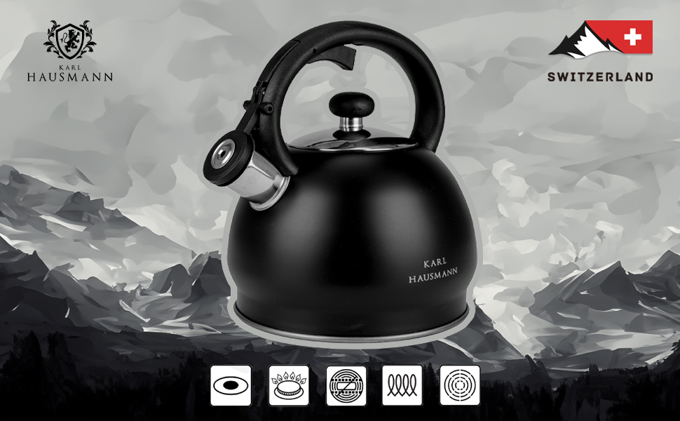 Чайник електричний KARL HAUSMANN Induktion 1.8L чорний з авто-свистком - нержавіюча сталь для всіх плит