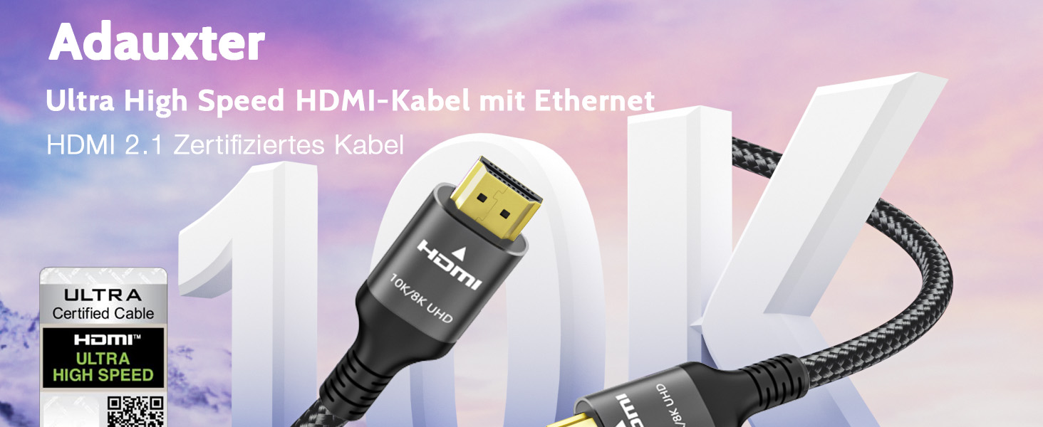 HDMI 2.1 кабель Adauxter 2 метри: 8K, 48Gbps, eARC, HDCP2.3, HDR10+, для PS5, X-Box, PC, TV, монітор