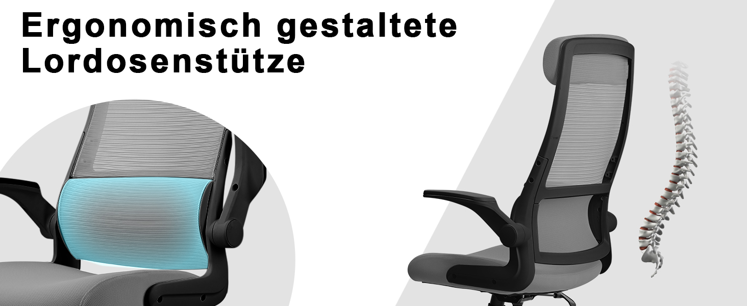 Ергономічне крісло для офісу з регульованою підголовником, сітчасте крісло для робочого столу, відкидні підлокітники, широке сидіння, функція гойдання, комп'ютерне крісло EN 1335, офісне крісло 200 кг, сіре та чорне
