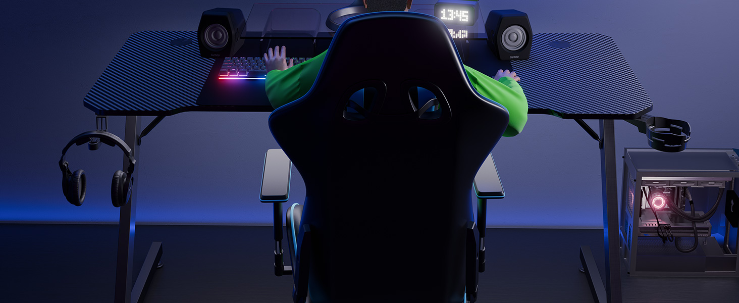 Ігровий стіл KESSER Gaming 120x60 см, Z-подібний ергономічний комп'ютерний стіл з карбоновим покриттям, підставкою для напоїв та гачком для навушників, чорний