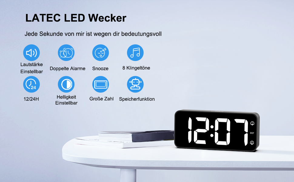 LED-годинник LATEC з двома будильниками, USB-порт для зарядки, регулювання яскравості, гучність 90-120 дБ, 8 мелодій, 12/24 год, чорний