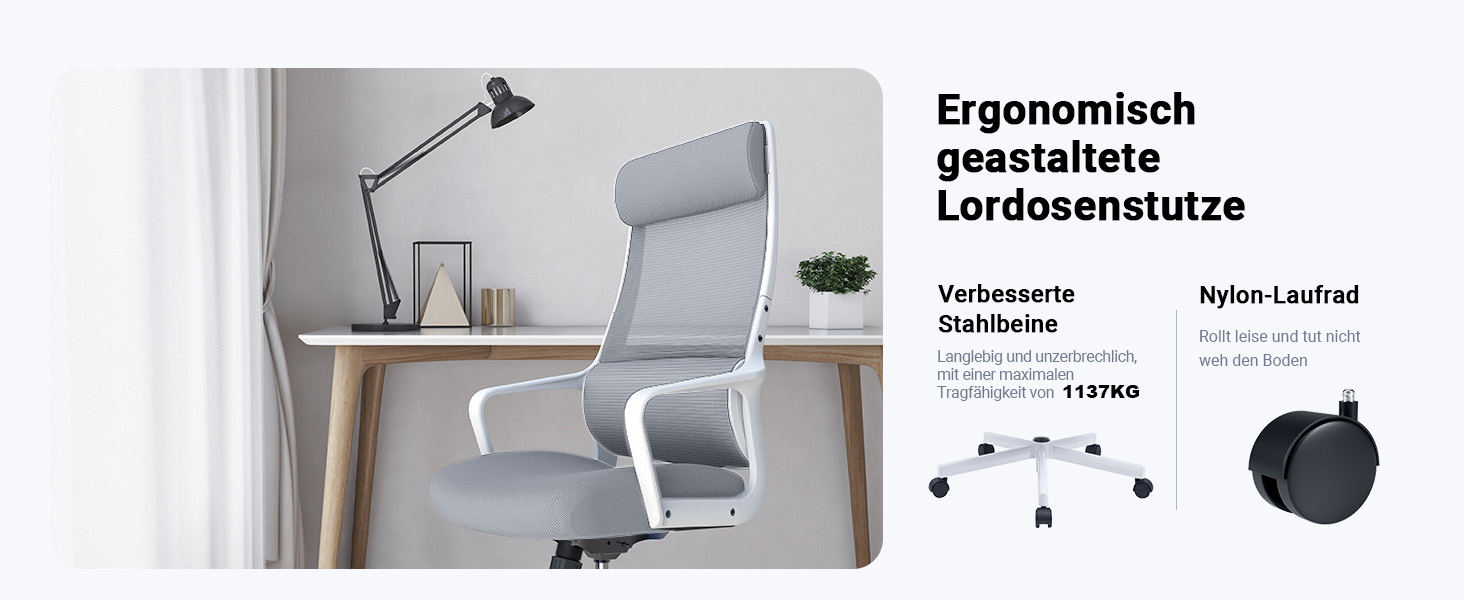 Ергономічне крісло для офісу з регульованою підголовником, крісло для робочого столу з широким сидінням, підтримкою попереку, офісне крісло 200 кг, сітчасте крісло, крісло для дому та офісу, комп'ютерне крісло EN 1335, сіре