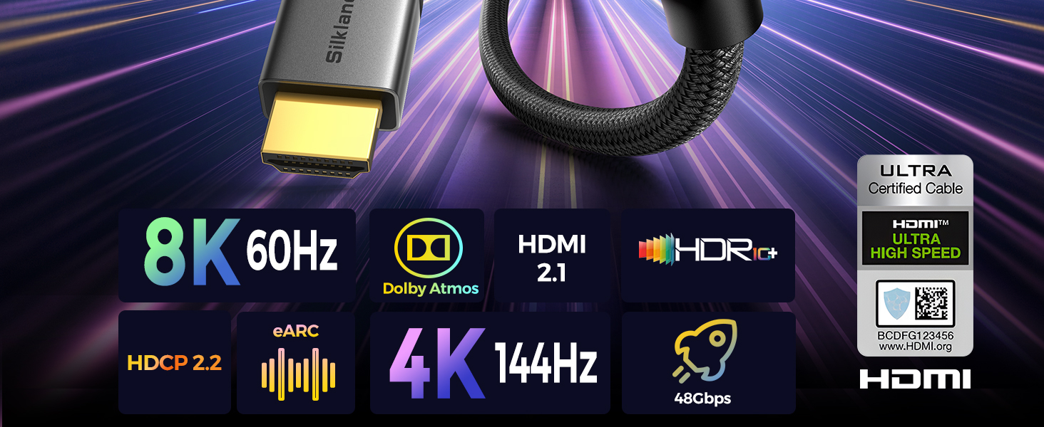 HDMI 2.1 кабель Silkland 2м: 8K@60Hz, 4K@144Hz, eARC, HDR10, Dolby Atmos, 48Gbps, для HDTV, PS5, Switch, PC