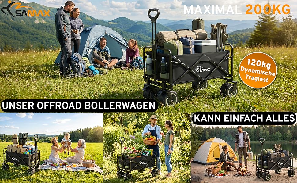 Універсальний садовий візок-трансформер Samax Bollerwagen 200кг (чорний/м'ятний), 2-в-1 з лавкою, складаний, для саду, пляжу, без спинки