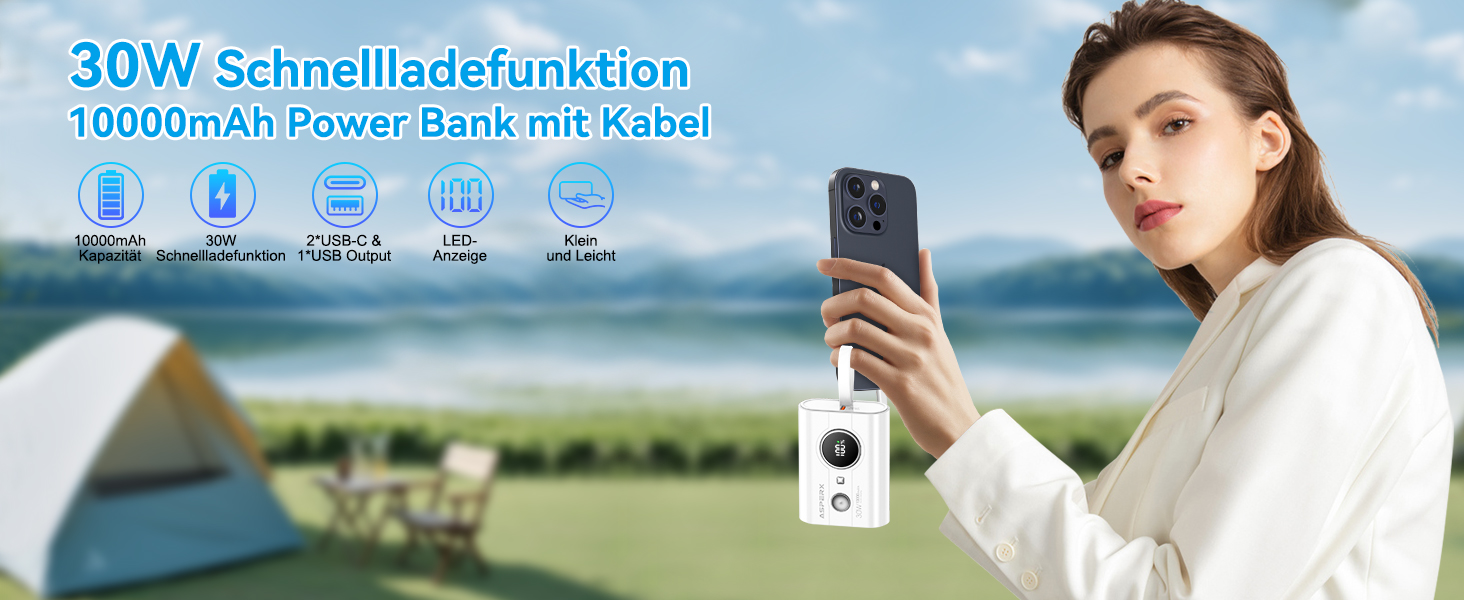 Power Bank AsperX 10000mAh з PD 30W, USB-C, білий. Швидка зарядка для iPhone 15/14, iPad. Компактний акумулятор