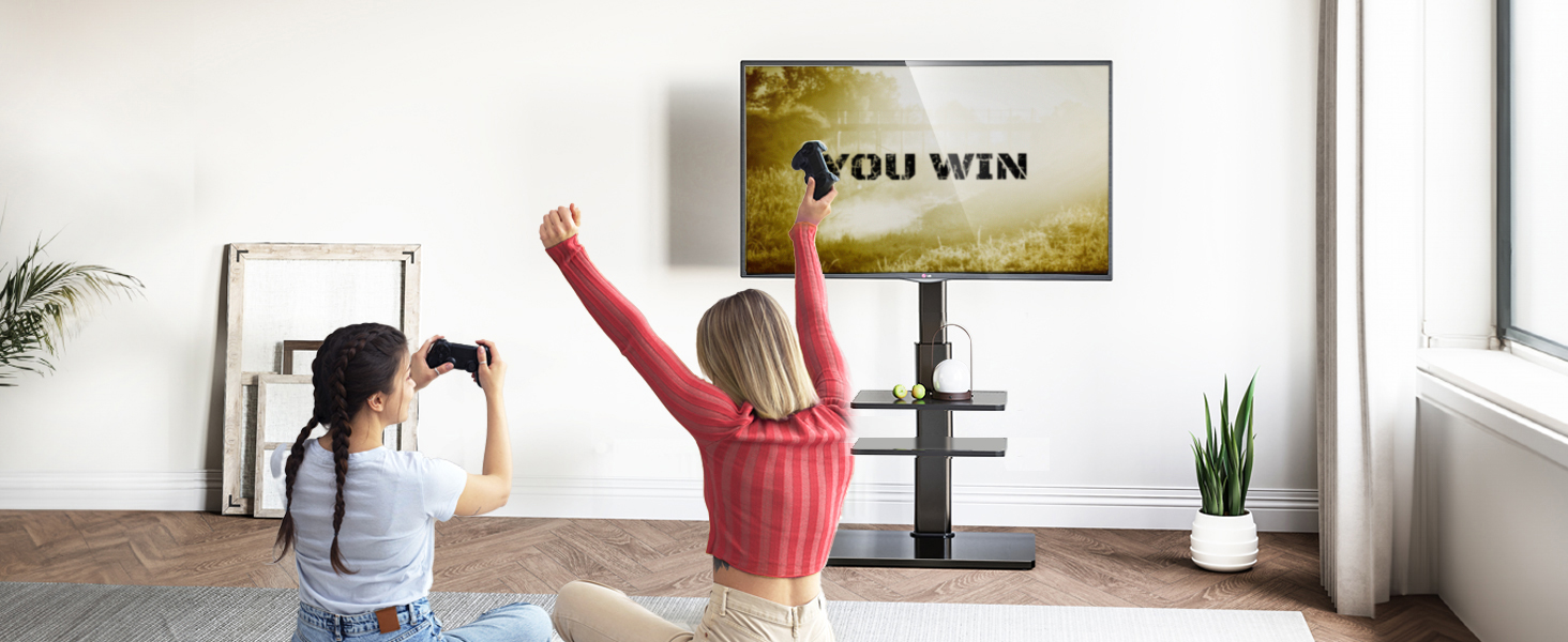 AOKCOS TV Stand for 32-70 inch Flat & Curved TVs - Adjustable Height, Swivel, Tilt, 3-Tier Shelves, VESA 400x400, up to 40kg (White/Black)