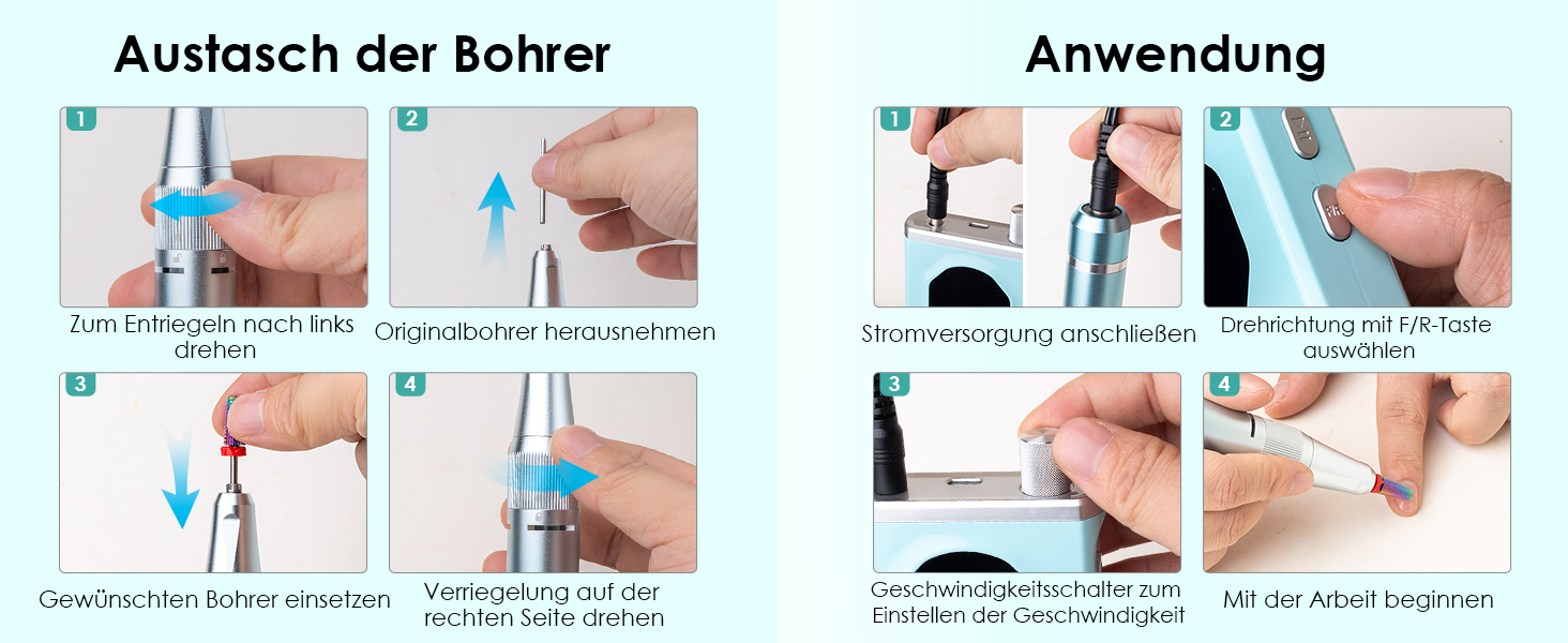 Електричний фрезер для манікюру та педикюру Profi Set 16 в 1 з LCD дисплеєм, 40000 об/хв, F/R, для гелевих нігтів, портативний, фіолетовий, блакитний, білий