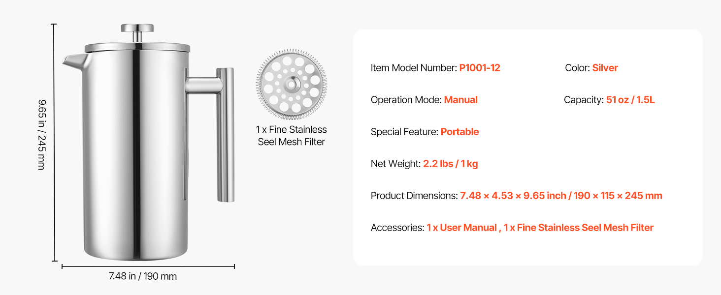 Френч-прес VEVOR 1,5 л з нержавіючої сталі - кавова преса, чайник з фільтром, для кемпінгу, подорожей, кухні, срібний