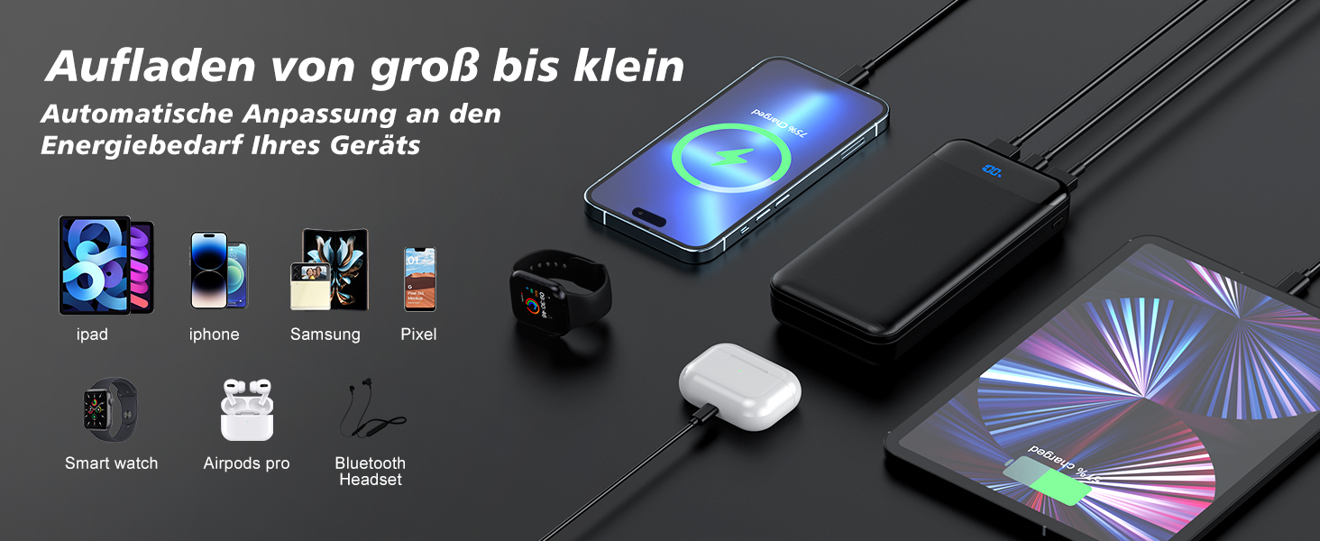 Enerwow Power Bank 27000mAh: Швидка зарядка 30W PD, Digital Display, USB-C, для iPhone 15/14/13/12 Pro Max та інші пристрої, чорний