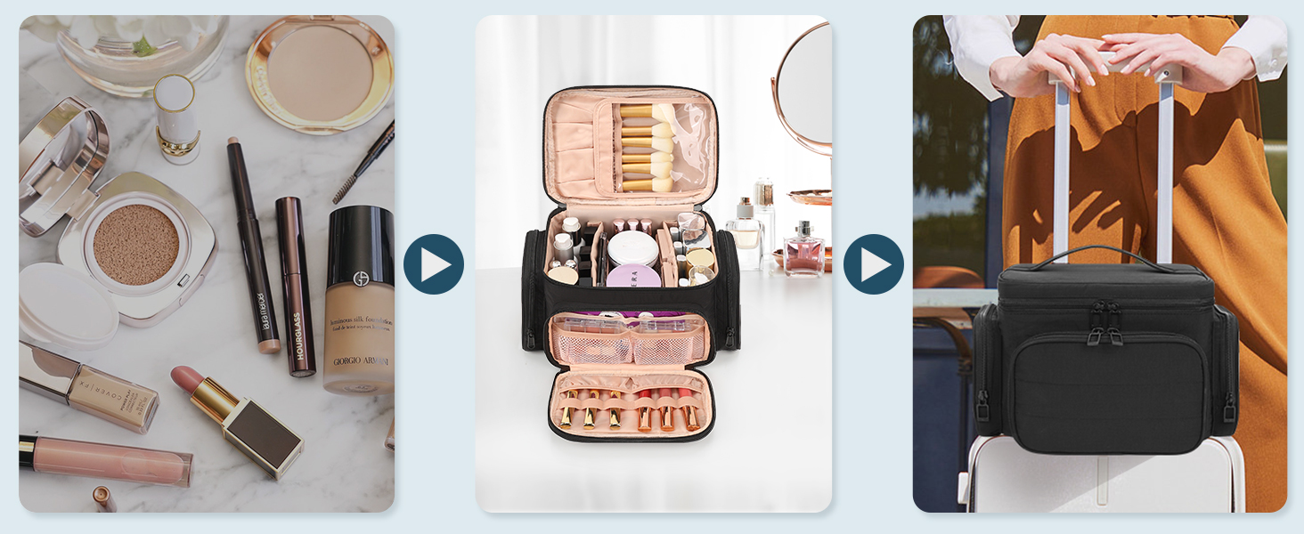 Косметичка для подорожей, велика, чорна: органайзер для макіяжу з відділенням для пензлів, дамська косметичка