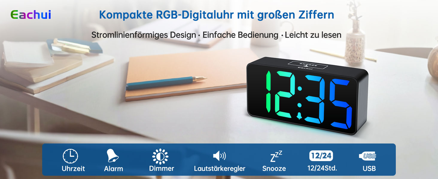 LED-годинник Eachui з USB-зарядкою, великий дисплей, регулювання яскравості та гучності, функція повтору, 12/24 год, цифровий годинник, живлення від мережі (чорний & білий)