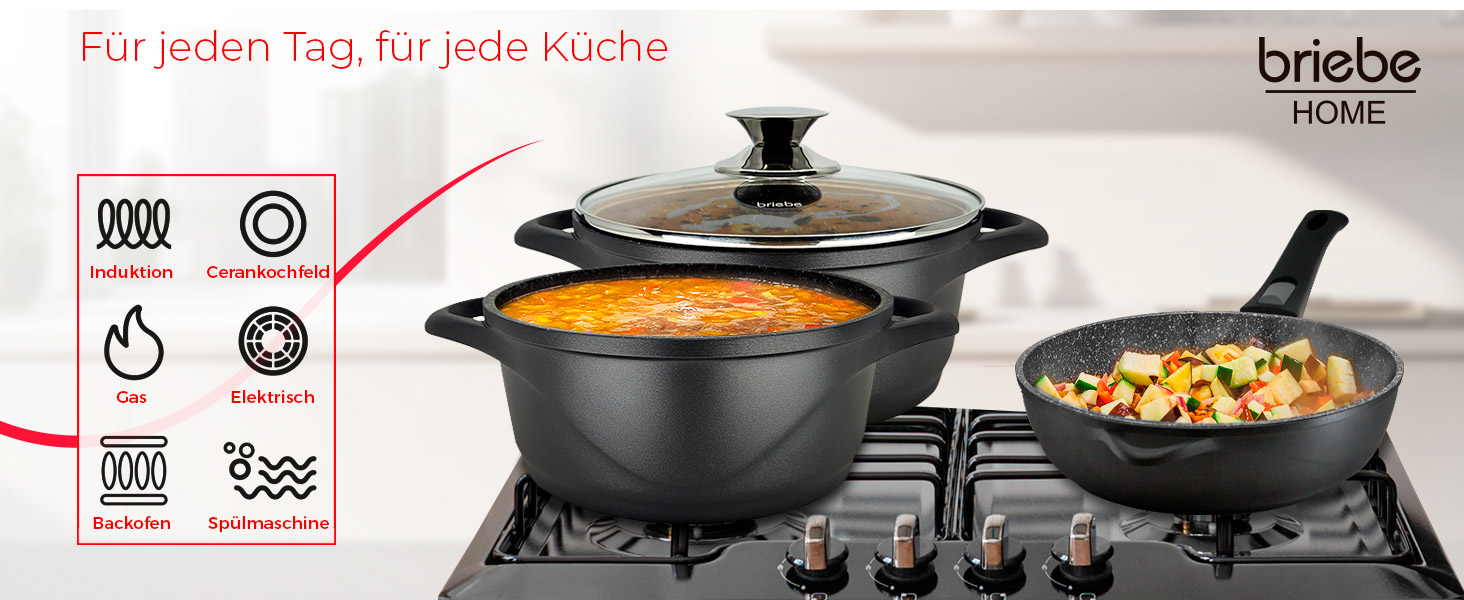 Набір посуду Induktion BRIEBЕ 12-ти частинний: 4 казани з алюмінію, 2 сковорідки з антипригарним покриттям ILAG GRANITEC (без PFOA), кришки зі скла, рукавички з силікону. Підходить для індукційних, газових плит та духовки.