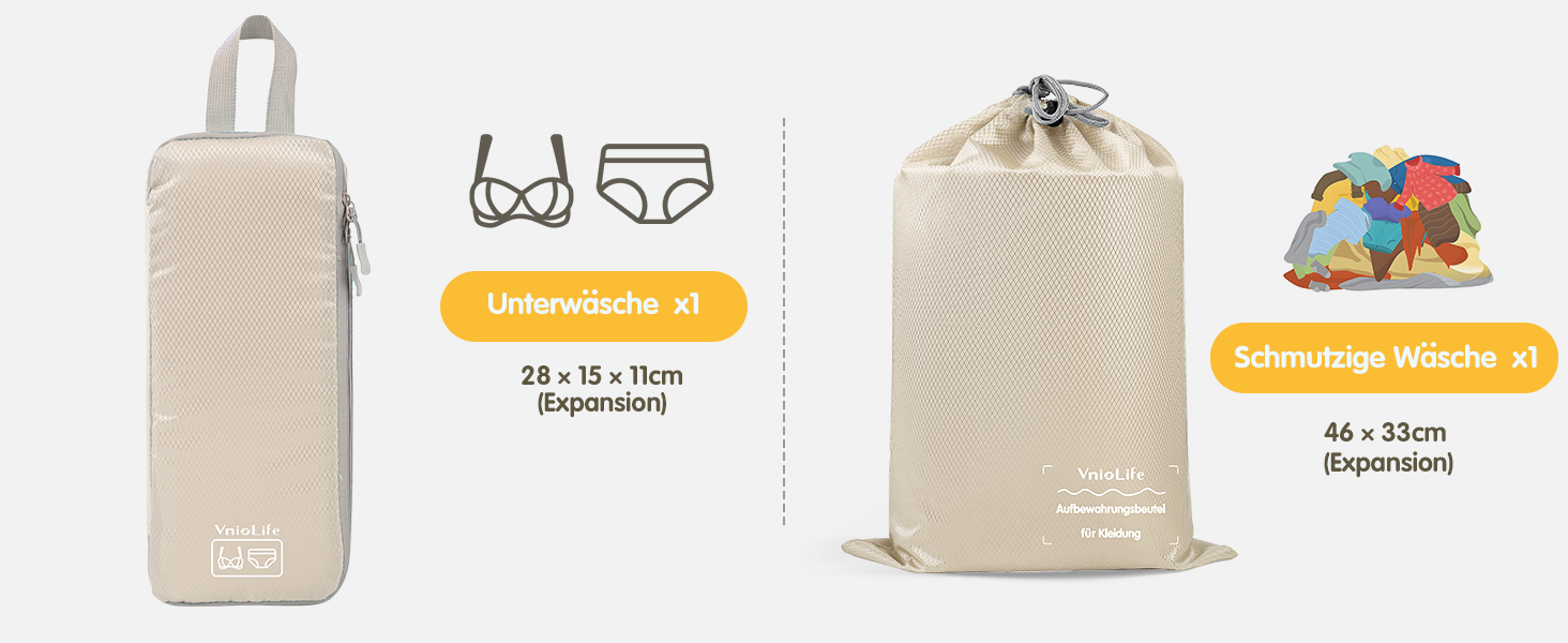 Набори для пакування валіз VnioLife (8 шт.) - Органайзери для подорожей, компресійні куби для одягу, синій та бежевий