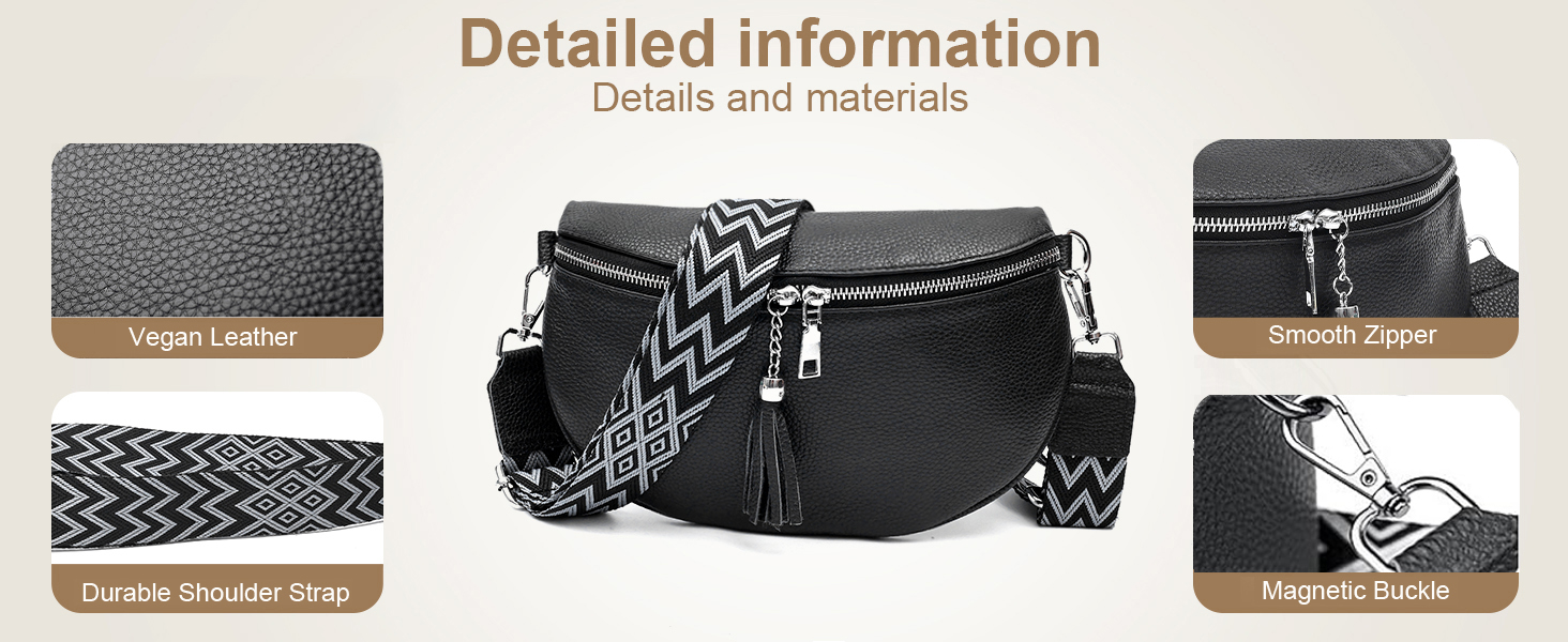 Жіноча сумка через плече з широким ременем, поясна сумка з натуральної шкіри, стильна з багатьма відділеннями для карток, кросбоді, гаманець (чорний)