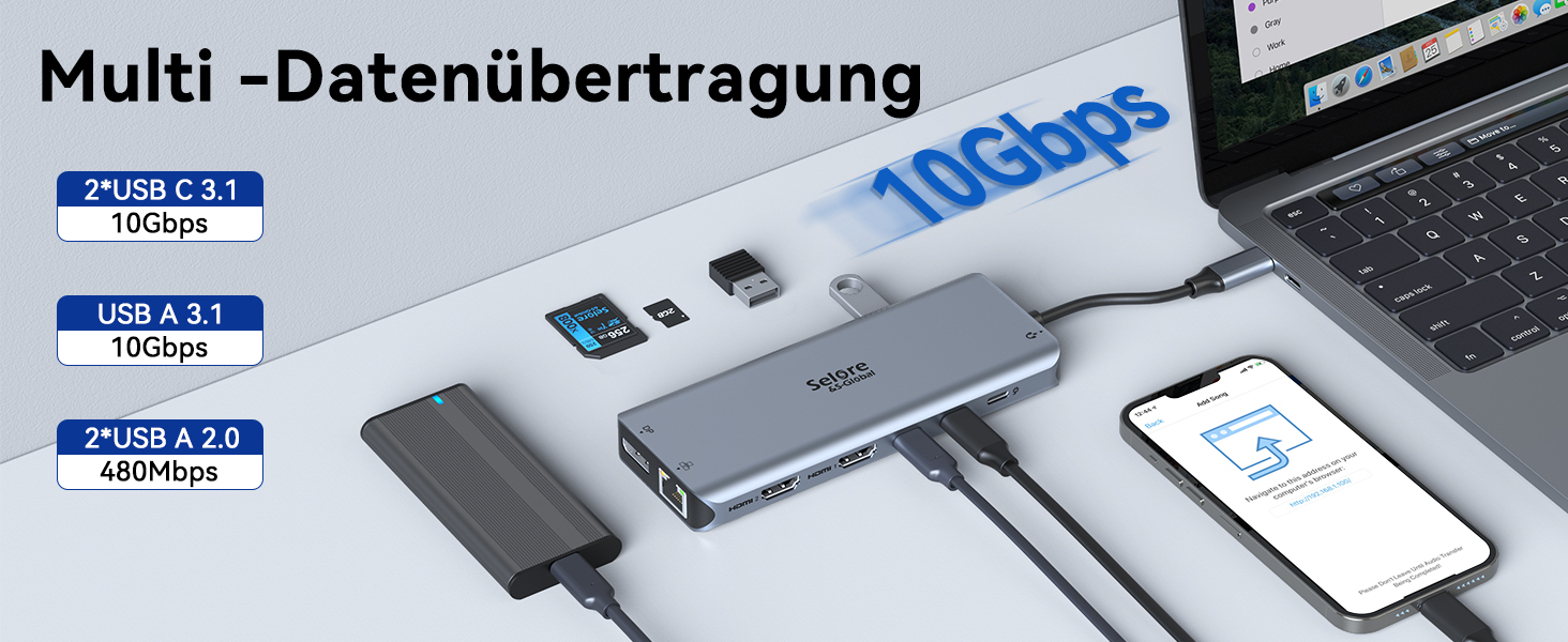 Док-станція USB-C з підтримкою 2 моніторів, 4K HDMI, DisplayPort, USB3.1, RJ45, 100W PD, кардридер, аудіо/мікрофон, для ноутбуків Dell HP (сірий)