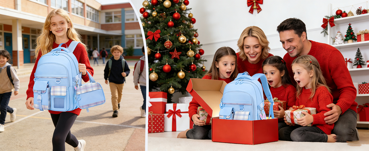 Шкільний рюкзак для дівчаток, водонепроникний та дихаючий, для 1-5 класів з відділенням для ноутбука, блакитний + ізольована ланч-сумка + пенал