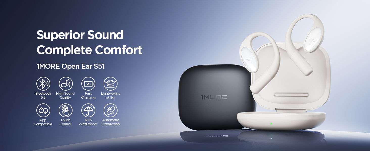 1MORE S51 навушники відкритого типу, ультралегкі, Bluetooth, 40 годин, IPX5, Bass More+ технологія