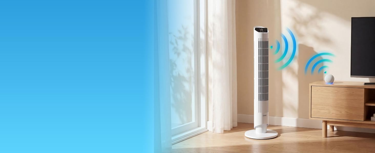 VonHaus Турмовентилятор 102 см, Електричний вентилятор зі WiFi, Управління Alexa/Google Home, Пульт, Таймер 12 год, Обертання 70°, для дому та офісу, Білий
