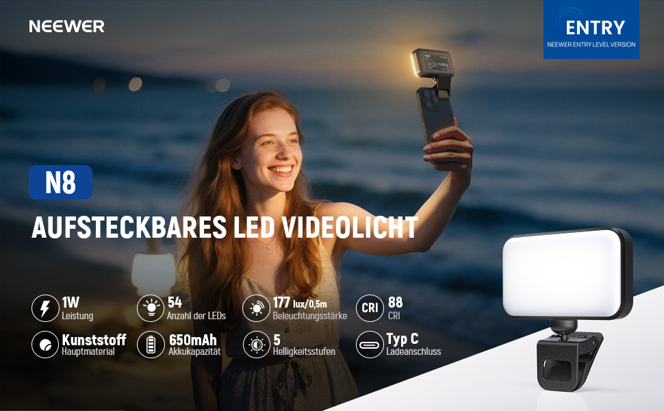 LED світло для селфі Neewer Entry Level - настільне світло для телефону, 54 світлодіоди, кліпса, CRI 88, 650mAh, для відеоконференцій, макіяжу, YouTube