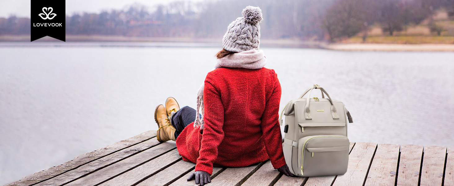 LOVEVOOK Рюкзак для жінок, шкільний рюкзак, рюкзак для ноутбука, водонепроникний, з USB-портом, для навчання, роботи, подорожей, темно-сірий, 17' (15.6', сірий Taro)