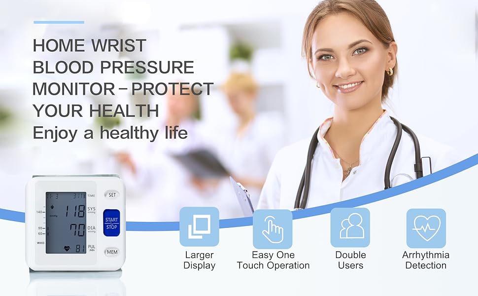 Автоматичний тонометр на зап'ястя: регульована манжета, 2 AAA батарейки, чохол. Виявлення нерегулярного серцебиття, пам'ять на 99 вимірювань, великий LCD-дисплей, білий/блакитний