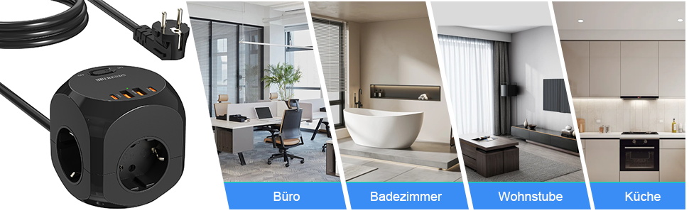 Розподільник розеток з USB-C, 4 розетки, плоский штекер, індивідуальне вмикання, куб з кабелем 2м для офісу, дому, подорожей - білий